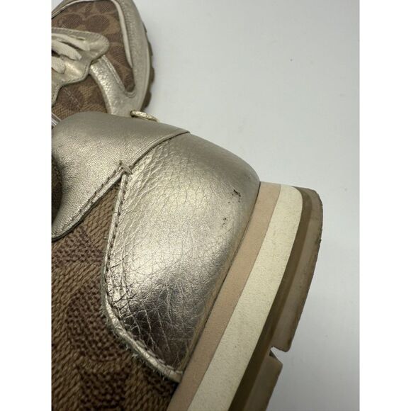 Coach Gold Tennis Shoes for Women for sale | eBay Coach C118 Runner Womens Size 8.5 Gold‎ Brown Monogram Metallic Lace Up Sneakers